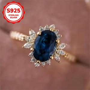 TEMU S925 우아한 진한 파란색 보석 달걀 모양 반지, 일상 및 특별한 날을 위한 시대를 초월한 아이템 3G