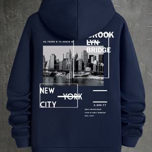 TEMU 남성용 뉴욕 시티 그래픽 후드 스웨트셔츠 - 브루클린 브리지 & 맨해튼 프린트, 블랙 & 화이트 어반 스트리트웨어, 화이트 라벨 디자인의 캐주얼 풀오버, 기계 세탁 가능한 레귤러 핏, 캐주얼 복장 및 레이어링용, 기하학적 패턴 후디, 봄/가을 패션, 드로스트링 후드가 있는 편안한 핏, 뉴욕 시티 레터링과 랜드마크가 있는 어반 스타일