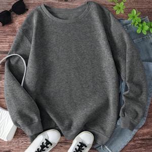 TEMU 여성용 단색 크루넥 스웨트셔츠 1개, 100% 폴리에스테르 니트 소재, 긴 소매 풀오버, 약간의 스트레치, 캐주얼 가을/겨울 두꺼운 플리스 안감 탑