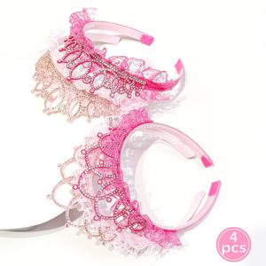 TEMU 1/2/4pcs 핑크 레이스 라인스톤 3D 크라운 헤드밴드 소녀 헤어 액세서리 - 기하학적 패턴, 폴리에스터 및 레진, 전년 전월 일상 및 캐주얼 착용, 크리스마스, 마르티 그라스 및 학교 행사에 완벽, 소녀용 크라운, 학교 행사 헤어웨어, 장식 헤드밴드, 내구성 헤어장