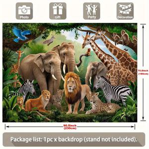 TEMU 1개 정글 사파리 파티 배너 - 코끼리, 기린, 사자 등 생동감 넘치는 숲속 동물 배경 - 집, 방, 어린이 파티용 폴리에스터 벽 장식, 파티 배경 | 몰입감 있는 디자인 | 상세한 일러스트레이션