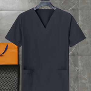 TEMU 남성용 스크럽 유니폼 - V넥 반팔 셔츠, 다수의 포켓이 있는 네이비 블루 병원 실험실 코트, 의사, 간호사, 의료 전문가용 | 사계절 세탁 가능한 의상