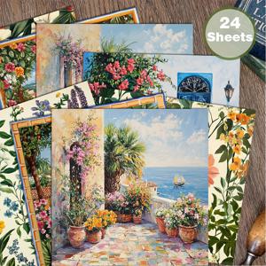 TEMU 24장 6x6인치 손그림 지중해 스타일 스크랩북 종이, 컬러지, 오리기 프로젝트 장식 종이, DIY 종이, 스크랩북, 불릿 저널, 아트 컬러지 종이