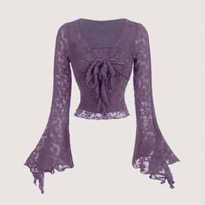 TEMU 여성용 우아한 반투명 레이스풍 T셔츠 - 리본넥라인, 고신축력 사계절 블라우스, 부드러운 라벤더색상, 손세탁 가능한 Casual to Semi-Formal 탑