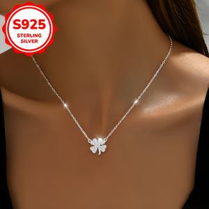 TEMU 4잎 클로버 디자인의 S925 실버 목걸이, 합성 지르코니아 세트, 고급스럽고 독특한 스타일, 선물용으로 완벽하며 알레르기 방지 기능이 있는 여성용 목걸이