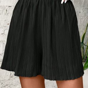 TEMU 여성용 우아한 단색 탄력 허리밴드 플리츠 디테일 반바지 - 중간 스트레치 기계 세탁 가능 캐주얼 쇼츠 봄 여름 가을용, 레귤러 핏, 계절 착용 | 중간 신축성