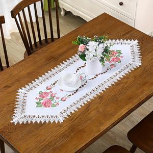 TEMU 1개 우아한 핸드 자수 테이블 러너 레이스 트림 - 100% 폴리에스테르, 로맨틱한 섬세한 시리즈, 식당, 생일 및 휴일 장식용