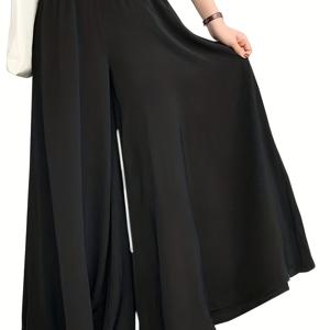 TEMU 플러스 사이즈 여성용 우아한 캐주얼 와이드 레그 팬츠, 탄력 있는 허리밴드와 스모킹 디테일 - 솔리드 컬러 논스트레치 원단, 중동 스타일 디자인으로 사계절 내내 활용 가능한