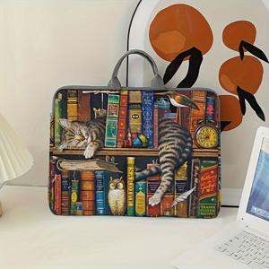 TEMU 기발한 고양이 & 책 프린트 노트북 가방 - 부드러운 폴리에스테르, 가벼운 15인치 보호 커버, 지퍼 클로저 및 고정 어깨끈이 있는 일상 출퇴근 및 캐주얼 외출용, 귀여운 노트북 가방