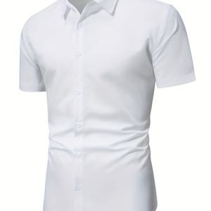 TEMU 남성용 슬림핏 캐주얼 버튼업 셔츠 - 반팔, 솔리드 블랙, 가벼운 여름 착용, 세탁기 사용 가능, 클래식 칼라 디자인, 여름 캐주얼웨어 | 슬림 핏 셔츠 | 매끄러운 질감의 셔츠