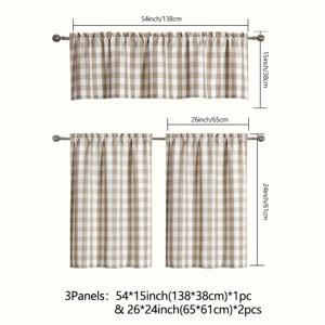 TEMU 3pcs 세트 체크 단축 커튼 발란스, 상단 로드 포켓, 클래식한 농가 주방 커튼, 축제 분위기 장식 커피 커튼, 세탁실 분할 드레스 세트, 138cm x 38cm / 65cm x 61cm, 트윌 직조, 100% 폴리에스테르, 조명 필터링, 양모 염색, 언라이닝, 농가 주방 테마