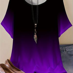 TEMU 플러스 사이즈 - 여성용 플러스 사이즈 그라데이트 프린트 티셔츠 - 우아한 라운드 넥 반팔 티, 