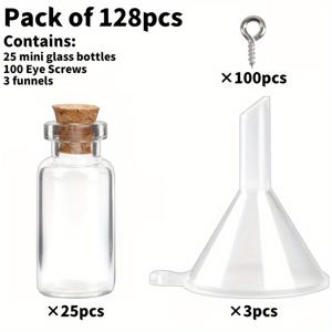 TEMU 128개 밀리리터 미니 유리병 세트, 25개 2밀리리터 주문 병 마개 포함, 100개 나사못 및 3개 깔때기 포함 둥근 유리 바이알, 클래식 스타일, 손세척전용 가능, 예술 공예, 웨딩 파티 선물, 홈 데코용