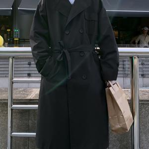 TEMU 남성용 캐주얼 폴리에스테르 트렌치 코트 - 봄/가을 롱 길이 더블 브레스트 (포켓, 라펠 칼라, 루즈핏, 단색) - 외출, 파티, 휴일 행사에 이상적