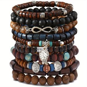 TEMU 아연 합금 생명의 나무 10pcs 세트, 새로운 패션 레트로 치킨 윙 나무 구슬 팔찌 남성용, 수제 멀티컬러 나무 구슬 팔찌, 생명의 나무 인피니티 8잎 커플 팔찌, 크리스마스 선물, 할로윈 선물, 새해 선물