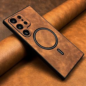 TEMU 삼성 갤럭시 S25 울트라 S24 S23 S22 S21 노트 20 울트라 호환 고급 레트로 PU 가죽 마그네틱 휴대폰 케이스, 무광 마그네틱 무선 충전 소프트 TPU 프레임 충격 방지 커버