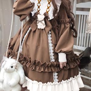 TEMU 귀여운 크루넥 폴리에스테르 메이드 의상, 긴 소매와 레이스업 디테일, 단색 우산 스커트 레이스 트림, 폴리에스테르 100%, 짠 원단, 미디 길이 드레스 코스프레 및 롤플레잉 이벤트용 - 플러시 곰돌이와 리본 활 액세서리 포함