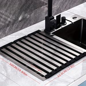 TEMU 스테인레스 스틸 접이식 싱크 배수 랙, 현대 직사각형 디자인, 싱크 위 멀티 기능 쉘프, 실리콘 엣지가 있는 접이식 주방 보관 랙|식기건조대