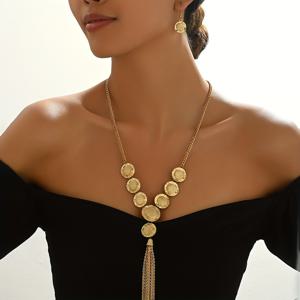 TEMU 가을 겨울 빈티지 패션 해머드 기하학 라운드 스플라이스 체인 태슬 Y자형 목걸이 + 한 쌍의 기하학적 라운드 해머드 패턴 귀걸이 세트