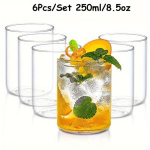 TEMU 6개 세트, 얇은 라운드 음료용 유리잔, 250/400ml 보로실리케이트 워터 타울 워터 글라스, 클리어 하이볼 글라스 컵 세트, 우아한 드링크웨어 텀블러, 스파클링 루스터테일, 와인, 주스, 맥주, 위스키, 믹드 드링크를 위한 디럭스 글래스웨어 세트