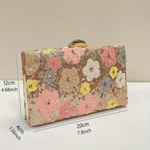 TEMU 1pc 우아한 플로랄 시퀸 이브닝 클러치 여성용, 폴리에스테르 미니 박스 가방, 분리 가능한 체인 스트랩, 파티, 프로모션, 결혼식용 반짝이는 글리터 체인 지갑 - 독특한 랜덤 패턴.