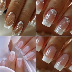 TEMU 배디 스타일 96개 프레스온 네일, 우아한 화이트 프렌치 스트라이프와 광택 마감. 여성 및 일상 착용 및 데이트에 완벽한 반짝이는 글리터 네일 세트. 젤리 글루와 파일 포함
