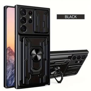TEMU 삼성 S24 울트라, S23 플러스, S22+, S21 FE, S20, 노트 20 울트라 및 다양한 A 시리즈 모델을 위한 케이스, 카드 홀더 및 카메라 커버를 특징으로, 블랙 색상으로 제공되며 링 킥스탠드가 포함되어 있습니다.|S21케이스|S22케이스