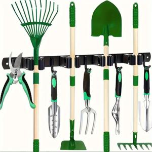 TEMU 다기능 헤비듀티 금속 도구 걸이 정리대, 4구멍 5후크, 벽걸이 스토리지 랙 (빗자루, 걸레, 정원 도구, 차고 장비용)