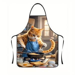 TEMU 1개 재미있는 오렌지색 고양이 셰프 앞치마, 파란 주머니 포함 - 재미있는 주방 디자인, 폴리에스터 원단, 귀여운 요리 고양이 일러스트, 집이나 카페 사용에 완벽, 고양이 앞치마