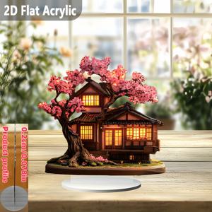 TEMU 스타일 - 핑크 꽃이 만발한 일본 벚꽃 하우스, 홈 데코 또는 계절 선물에 완벽한 2D 플랫 프린트