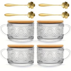 TEMU 오늘의 선물 여성용 레트로 유리 커피 컵, 뚜껑과 스푼이 포함된 오버나이트 오트밀 용기, 14온스 투명 엠보싱 음료 컵, 아이스 커피 컵, 티 컵, 레트로 유리제품,빈티지 컵,고품질 유리, 음료용품,음료 용기,커피 애호가,그녀를 위한 선물