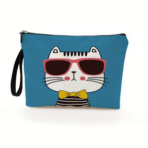 TEMU 패션 안경 & 리본 타이 디자인의 귀여운 고양이 메이크업 가방 1개 - 여행용 스타일리시한 파란색 지퍼 파우치, 일상 사용 및 여성 선물용, 6.7인치 x 9.9인치, 남녀공용 성인용 데일리 화장품 파우치 | 스타일리시한 지퍼 파우치 | 휴대용 화장품 가방, 메이크업 여행 가방