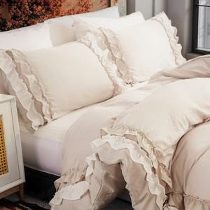 TEMU Jit3pcs 90G4 월 화학 섬유 폴리에스테르 이중 레이어 프릴 베이지 바닥 이불 커버 세트, 세트 침대 세트, 1 이불 커버 2 베개 커버, 이불 커버 세트, 미국 목가 스타일, 10 사이즈