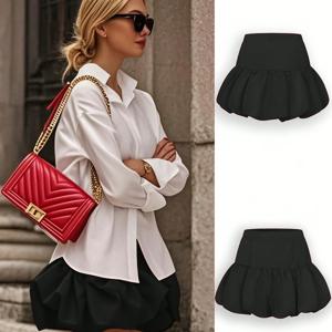 TEMU 여성용 하이웨이스트 미니 스커트 - 신축성 있는 퍼프 슬리브 파티 & , 지퍼 클로저, 플레어 밑단, 올 시즌 포멀 & 캐주얼 스커트