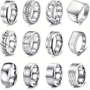 TEMU 12개 남성용 201 스테인리스 스틸 링 세트 - 빈티지 스타일, 두꺼운 라운드 탑, 쿠바 링크 디자인, 심플하고 멋진 웨딩 밴드, 7-13 사이즈, 일상 착용 및 선물용 이상적, 크리스마스, 할로윈, 추수감사절, 일상 보석에 완벽|빈티지 스타일 링|내구성 있는 보석|반지사이즈