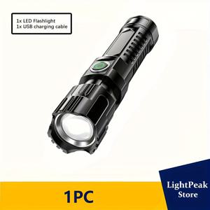 TEMU 1pc 미니 휴대용 야외 토치, USB 충전식 LED 손전등, 전원 표시가 있는 3가지 모드 낚시 조명, 휴대용 줌 가능한 랜턴, 내장 리튬 배터리, ABS 플라스틱 스피커, 가정, 여행, 낚시용