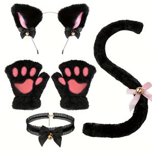 TEMU 카니발 파티 5/6피스 여성용 고양이 코스튬 세트 - 귀, 꼬리, 칼라, 장갑 포함 - 할로윈, 카니발, 가면무도회, 귀여운 고양이 테마 이벤트에 완벽