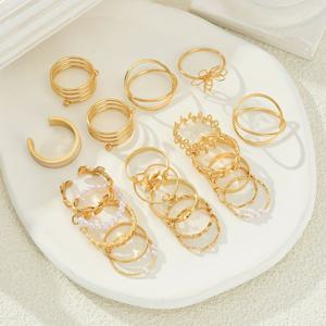 TEMU 21피스 꽃과 잎 드롭 웨이브 크로스 멀티 레이어 와이드 밴드 메탈 링 세트, 스태커블 패션 디자인 우아한 빈티지 파티 데이트 선물용 캐주얼 의상