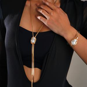 TEMU 2pcs 우아한 바로크 스타일의 아크릴 진주와 뱀 체인 목걸이 세트 - 긴 Y자형 목걸이와 평평한 뱀 뼈 디자인의 팔찌, 주석 합금, 일상적인 착용이나 파티에 적합한 파티 액세서리|바로크 스타일|주석 합금 목걸이