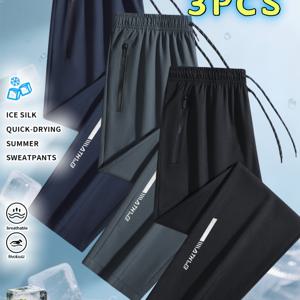 TEMU 3개 남성용 아웃도어 스포츠 팬츠 - 가벼운 아이스 실키 쿨드라이 원단, 반사 프린트 고퀄 지퍼 포켓, 방수 & 주름방지 통기성 루즈핏 레그, 헬스/등산/캐주얼 (네이비/블랙, 봄 여름 가을), 퀵드라이 팬츠, 아이스 실키 소재
