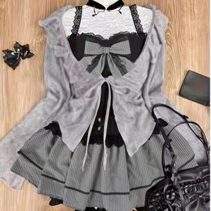 TEMU 귀여운 로리타 스타일 그레이 레이스업 러플 밑단 리본 스터치 홀터넥 미디 드레스, 6가지 상황에 어울리는 여성용