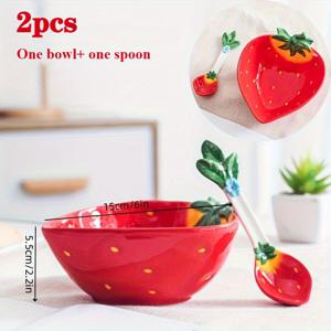 TEMU 2개 딸기 모양 세라믹 볼 (스푼 포함) - 우아한 레드 & 디자인, 튼튼하고 세척 용이, 샐러드, 디저트, 파스타, , 과일 볼에 적합 - 레스토랑, 가정 주방, 여성 선물, 레스토랑 식기류에 이상적