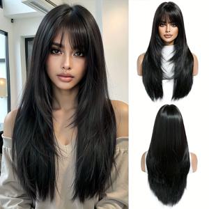 TEMU 여성용 롱 레이어드 블랙 가발, 프린지 포함 자연스러운 합성모 가발, 내열성 데일리 파티 코스프레용
