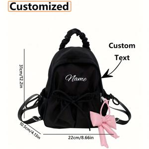 TEMU 개인화 가능한 이름이 새겨진 백팩 - 대용량 여행/대학 가방, 조절 가능한 어깨끈 & 지퍼 잠금장치 - 우아한 리본 장식 - 내구성 있는 폴리에스터 여성용 백팩, 졸업생 선물 (블랙/핑크) - 경량 일상용 백팩, 여행용 백팩