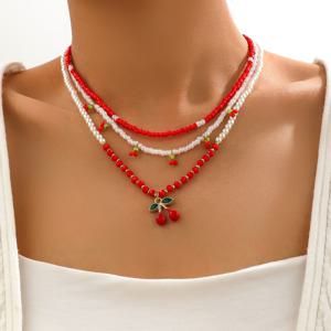 TEMU 3개 세트 인조 진주 유리 구슬 핸드메이드 레이어드 목걸이 - 심플하고 귀여운 체리 펜던트 레드 비즈 목걸이, 휴가 및 뮤직 페스티벌 파티용