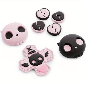 TEMU 기크셰어 스컬 D-패드 버튼캡 실리콘 엄지 그립 세트, ABXY 키 버튼 스티커, 커버 캐프 (닌텐도 스위치 2 호환), 핑크 & 블랙