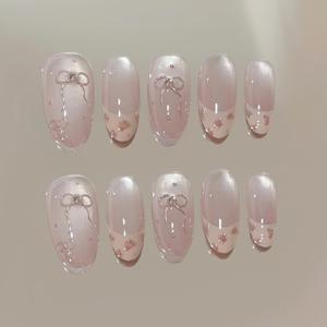 TEMU 10개입 핸드페인팅 프렌치 스타일 텐더 핑크 & 누드 발레 네일 세트 - 도트 & 하트 리본 키트 - 광택 있는 탈착식 프레스온 네일 (짧은/중간 길이, 손 & 발용) - 모든 라이트 베이지 톤, 쉽게 적용 가능 (웨딩, 파티, 프롬)|네일팁