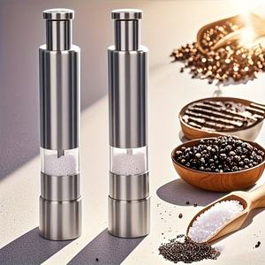 TEMU 2개 스테인리스강 수동식 푸시형 그라인더 - 검은 소금과 굵은 소금용, 전기 필요없는 다목적 주방도구, 캠핑 BBQ 휴일 필수품, 크리스마스 선물, 주방용 그라인더, 손으로 돌아가는 소금분쇄기, 미니 사이즈, 휴일 선물, 컴팩트한 디자인, 튼튼한 재질, 내구성 있는 제작, 선물을 찾는 사람들에게 추천, 야외활동 애호가 필수