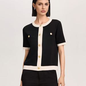 TEMU 여성용 캐주얼 컬러블록 가디건 - 앞면 버튼 클로저, 블랙 & 화이트 대비 트림 반팔 라운드넥 스웨터, 세탁기 사용 가능 내구성 봄/가을 레이어링 아이템, 다재다능한 캐주얼 의상, 시즌 패션, 우아한 디자인, 고품질 스티칭, 스타일리시 탑, 트렌디 아웃핏, 가벼운 소재, 버튼업 탑, 트렌디한 옷장, 클래식 스웨터, 에틸레틱 스타일, 롱라인 가디건