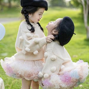 TEMU 2pcs 세트 여아용 울 혼방 스웨터와 튤 스커트 9개월 - 36개월 (0-7세) 귀여운 라운드넥 랜턴 슬리브 투투 드레스 캐주얼 패션 외출 생일 파티용, 아웃도어 웨어,부드러운 원단,편안한 소재,키즈 패션